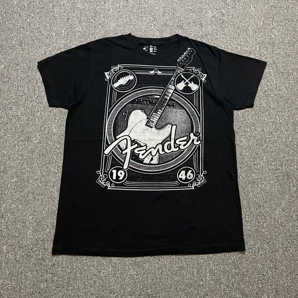 Fender Guitar Graphic T Shirt Medium Black Telecaster Rock Music Tee 1946
